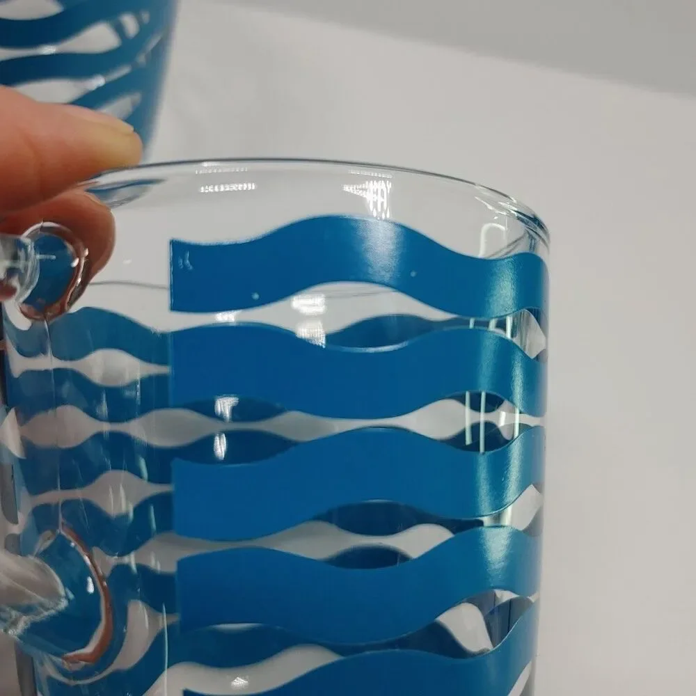 IKEA Satsning Glass Mugs/Cups Set- 6 Retired Blue Waves Stripes 3.5